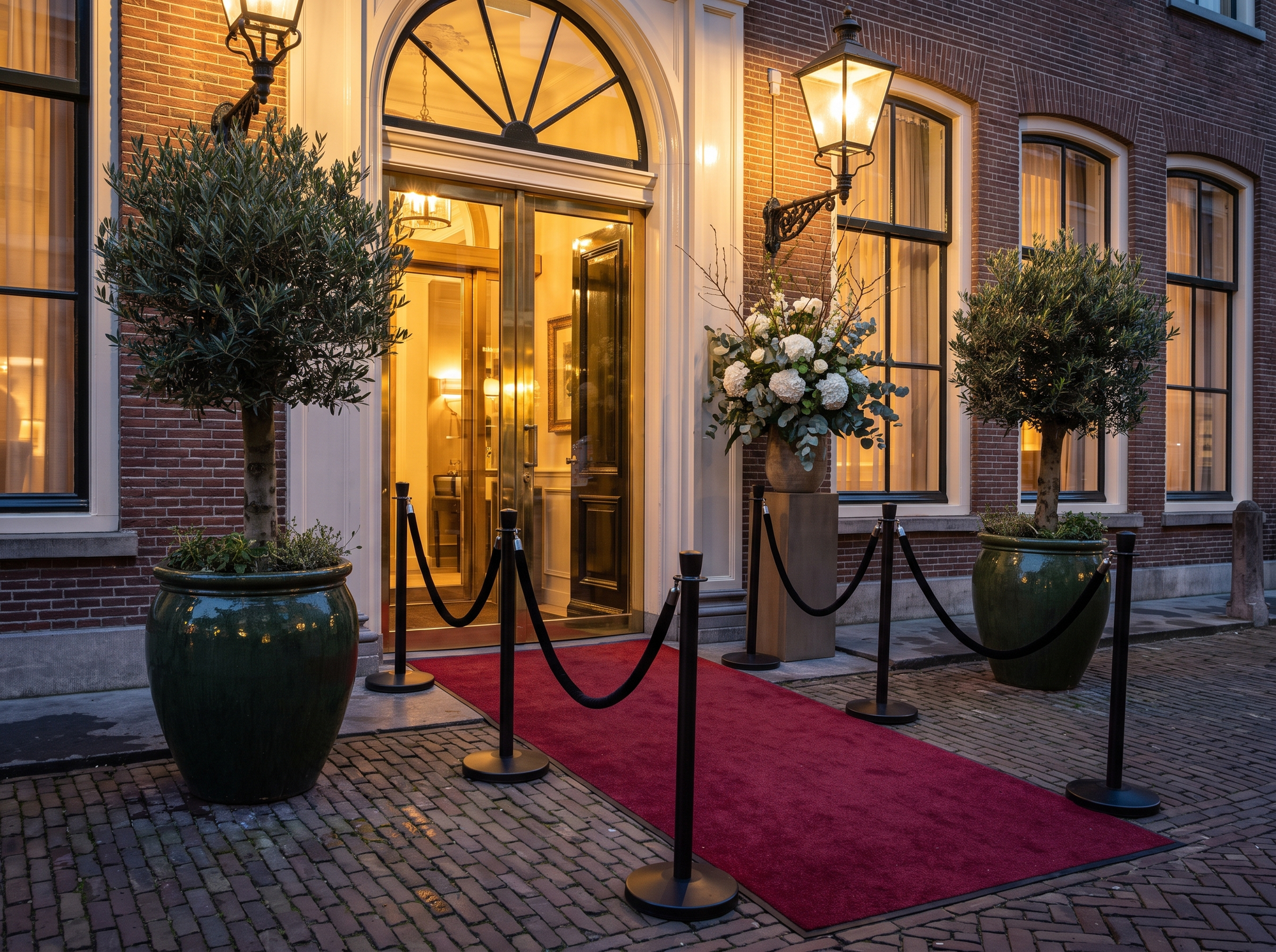 Sfeervolle hotelentree in de avond met rode loper, zwarte afzetpalen met velours koorden en olijfbomen