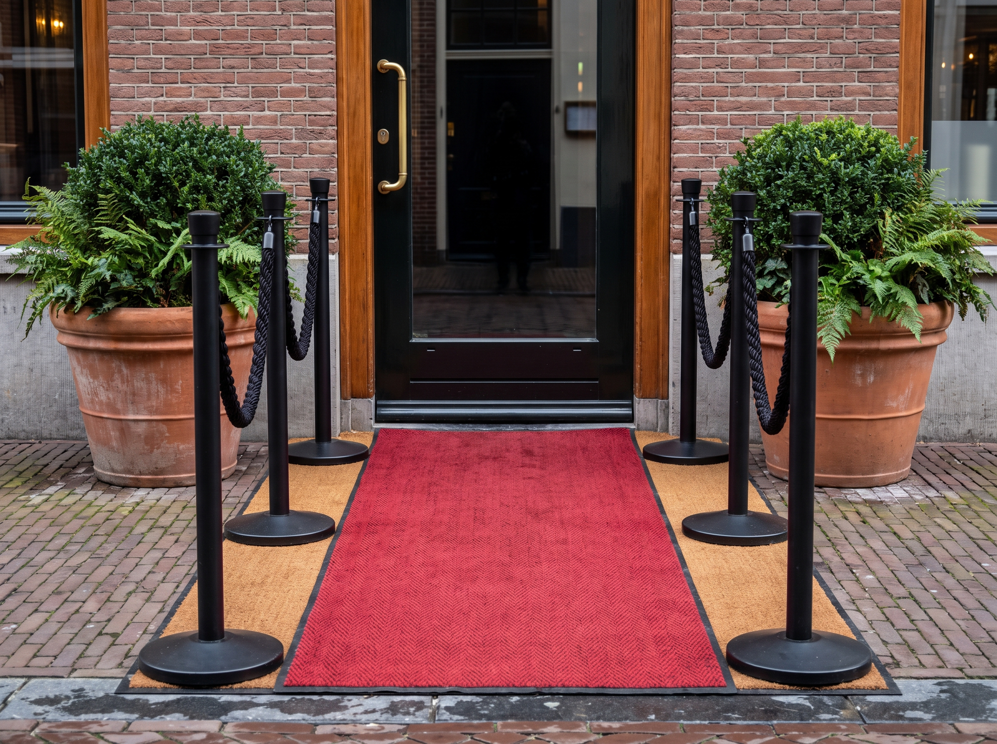 Complete restaurantentree met rode loper, entreemat, zwarte afzetpalen met koorden en planten