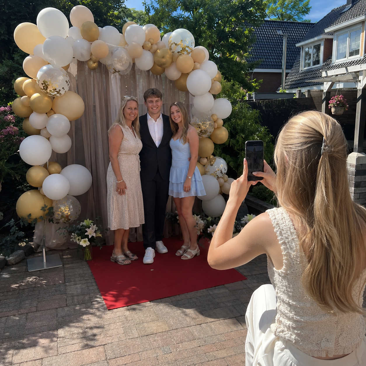 Fotohoek met rode loper en ballonnen op een slagingsfeest