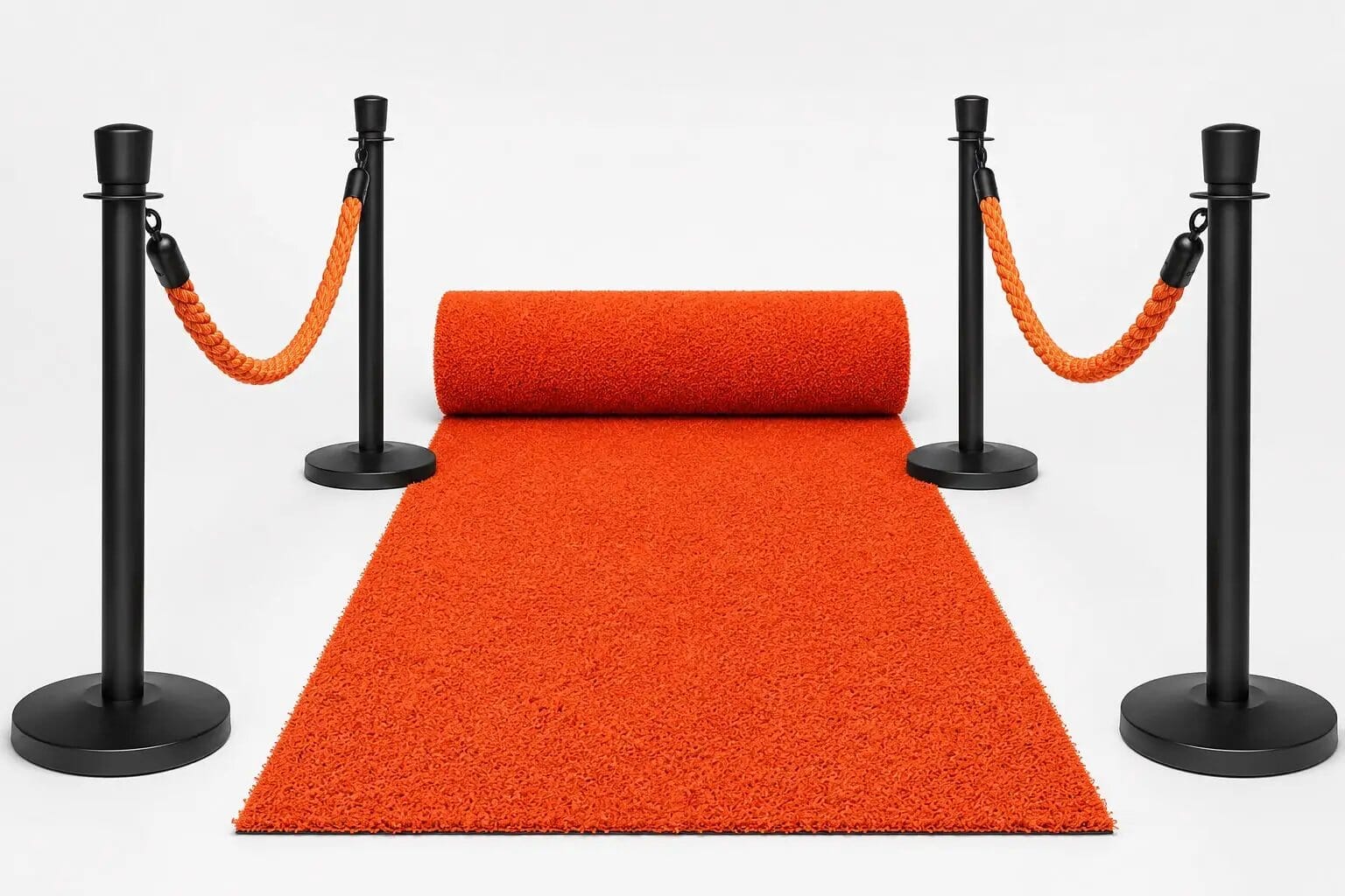 WK Oranje Leeuwen Bundel Outdoor Premium rug with orange carpet and black rope-stanchion barriers