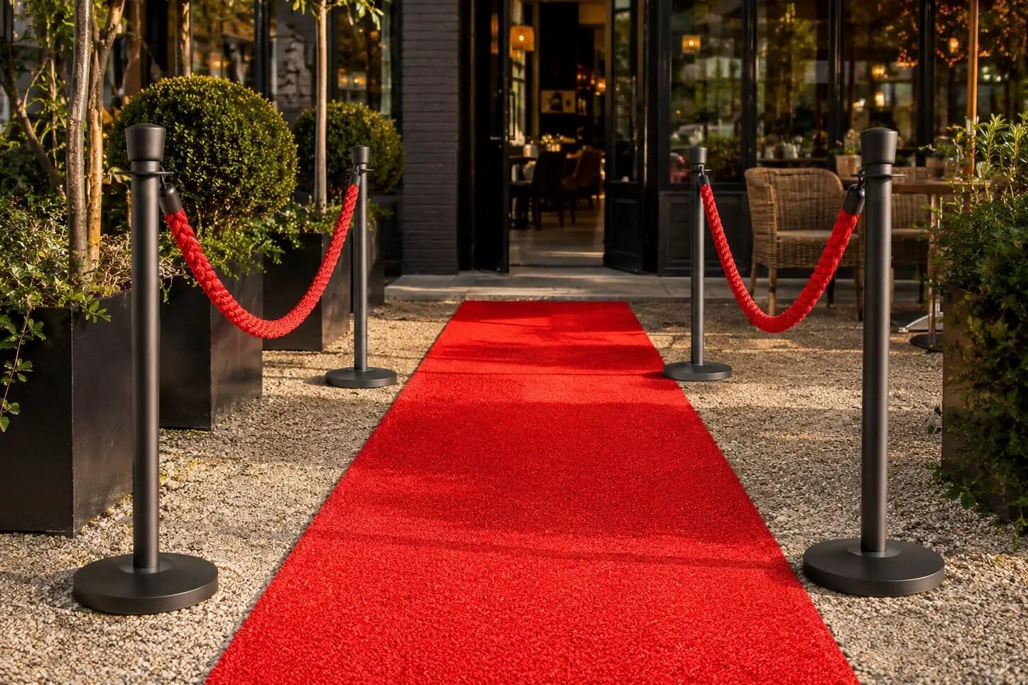 WK Rode Duivels Bundel Outdoor Premium red carpet with black stanchions and red ropes at building entrance